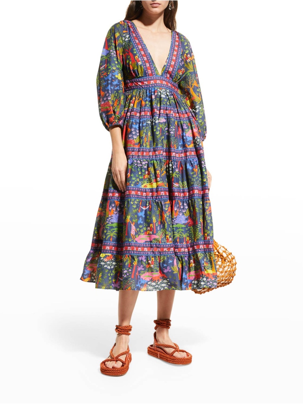 Farm Rio Utopia Puff Sleeve Tropical Midi Tier Dress NEW - Picture 4 of 11